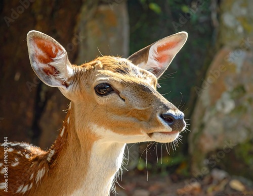 A close-up of a deer's head with a serene expression