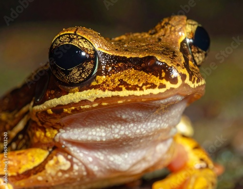 A close-up of a frog's face with big round eyes