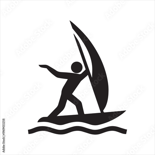 Black silhouette of a windsurfer on a white background
