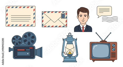 Retro communication and media set featuring letters, a businessman, vintage television, film camera, and a kerosene lantern.