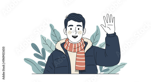 Happy young man in a warm winter puffer jacket and striped scarf waving his hand in greeting against a background of green leaves.