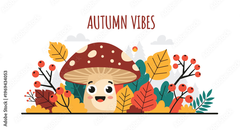 Fototapeta premium Charming autumn vibes illustration with a cute mushroom character peeking through a forest of colorful fallen leaves and berries.
