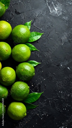 A vibrant cluster of green citrus fruits on a dark background
