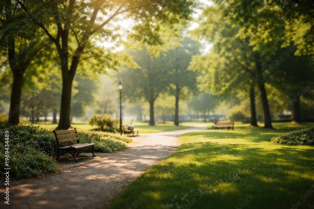 Fototapeta premium Calm outdoor park scene with defocused trees and soft natural light
