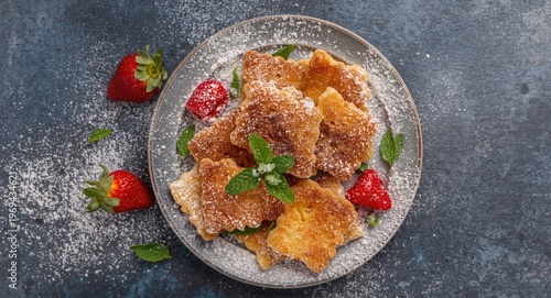 Flying poffertjes with strawberries and mint dusted with powdered sugar served on plate in healthy food style with copy space