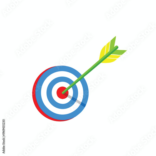 A green arrow with yellow and green fletching hits the bullseye on a target