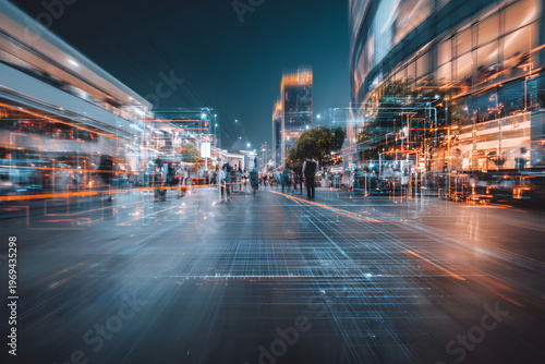 AI facial recognition and people tracking in urban environment, surveillance and security technology concept