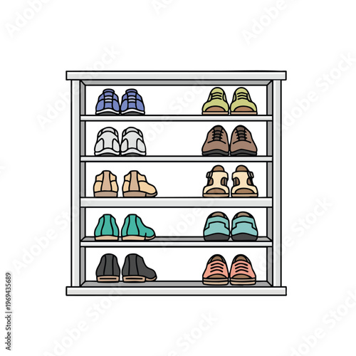 A five-tier shoe rack filled with various styles and colors of footwear