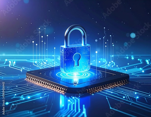 A glowing blue padlock on a microchip with circuits