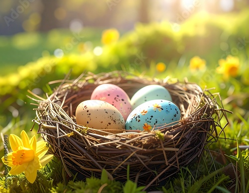 A nest with four speckled eggs in pastel colors on green grass