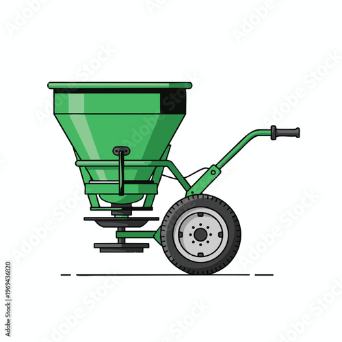 Green walk-behind spreader with large hopper, wheel, and handle
