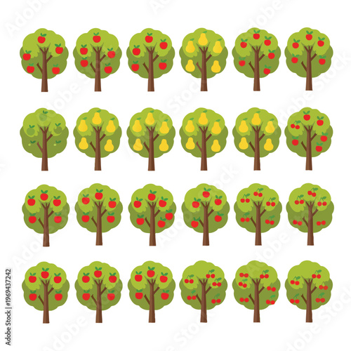 Row of stylized trees bearing red apples, yellow pears, and red cherries