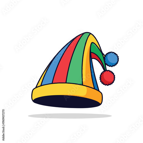 A multi-colored jester's hat with three fluffy pom-poms