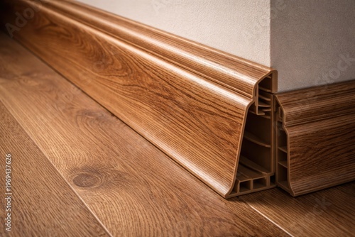 Detailed close-up of plastic skirting boards featuring realistic wood grain texture