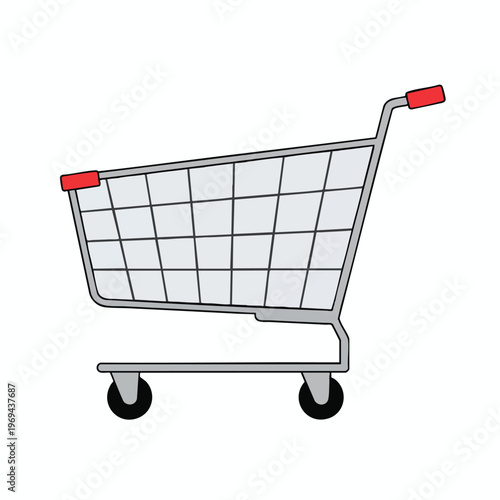 Gray shopping cart with red handles on a white background