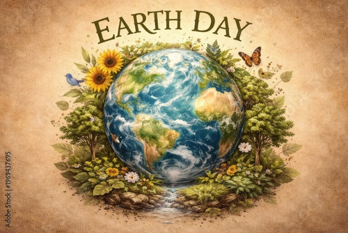 Earth Day themed illustration on a textured natural earth tone background