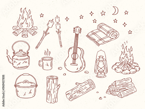 Hand-drawn campfire camping doodle vector set with fire, marshmallow on stick, kettle, mug, kerosene lamp, tent, guitar, moon and stars. Minimal outline illustrations for camping night scenes