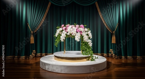 Stage decor with luxurious velvet curtains and floral arrangement on podium
