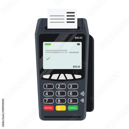 A payment terminal displays a receipt and $50.00 after a successful transaction