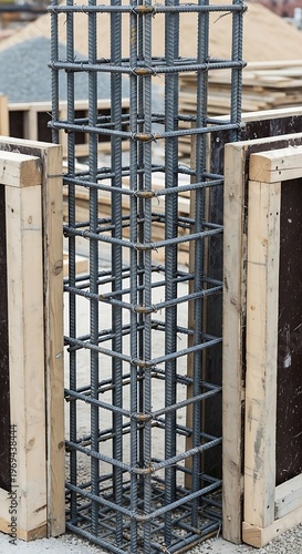 Steel rebar cage for concrete foundation surrounded by wooden formwork on construction site