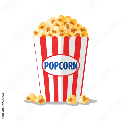 A stylized red and white striped bucket overflowing with golden popcorn