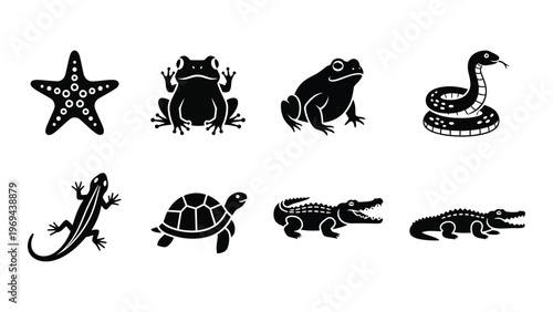 A collection of black animal icons depicts a starfish frogs snake lizard turtle and crocodiles silhouette high quality professional detailed modern