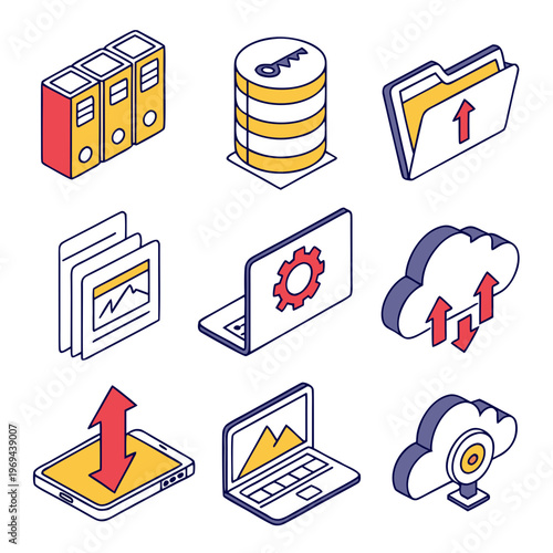 Isometric data management and cloud icons set