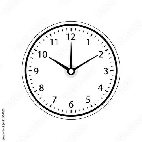 A minimalist black and white analog clock displays the time as approximately 950