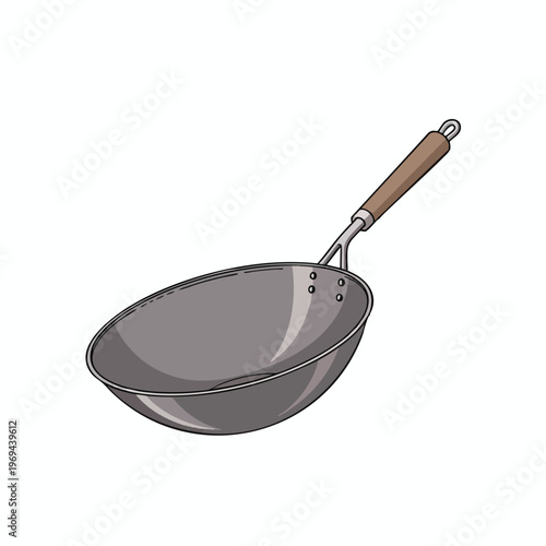 A simple cartoon wok with a wooden handle and metal loop
