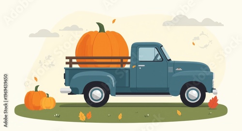 Flat style illustration of a pickup truck hauling a large pumpkin for fall greetings