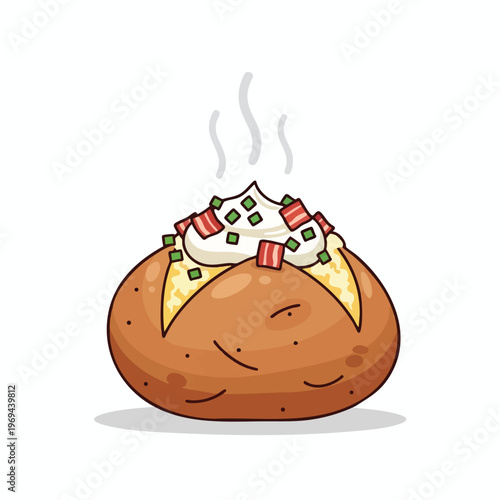 Hearty baked potato topped with creamy sour cream, bacon bits, and chives. Steam rises