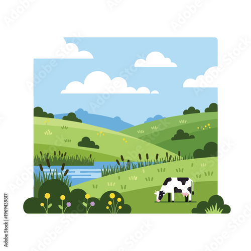 Stylized rolling green hills with a serene river, fluffy clouds, and a spotted cow grazing peacefully
