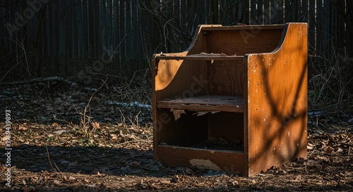 A forgotten, dilapidated piece of vintage furniture resting outside, showing significant wear and tear from exposure to the elements and time ,obsolescence ,lifetime ,decayed