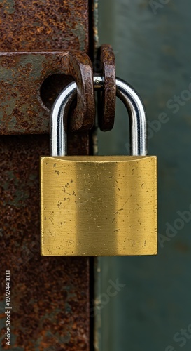 A heavy-duty, weathered brass padlock is closed and secured on a rusty metal surface, symbolizing robust protection and lasting security ,sturdy ,antique ,surface