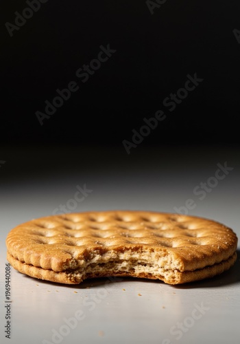 A macro view showcasing the repetitive, uniform bite marks on a round, crispy biscuit resting on a plain table surface, suggesting a consistent eating pattern ,munch ,consumption ,cookie