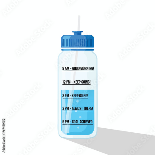 Clear water bottle with time markers and blue cap, promoting hydration