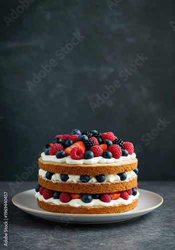 A refreshing summer layer cake topped with seasonal berries and light cream, perfect for a sunny outdoor gathering or warm weather celebration ,vibrant ,fresh ,cream