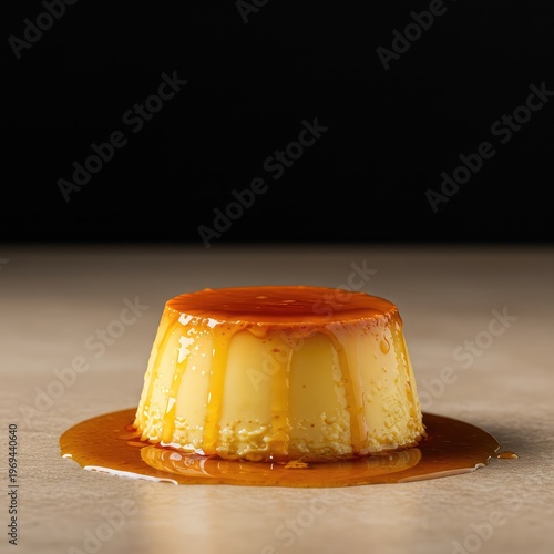 A smooth, rich piece of traditional baked custard flan dessert isolated against a neutral surface, saturated with sweet dripping caramel sauce ,copy space ,yellow ,food styling