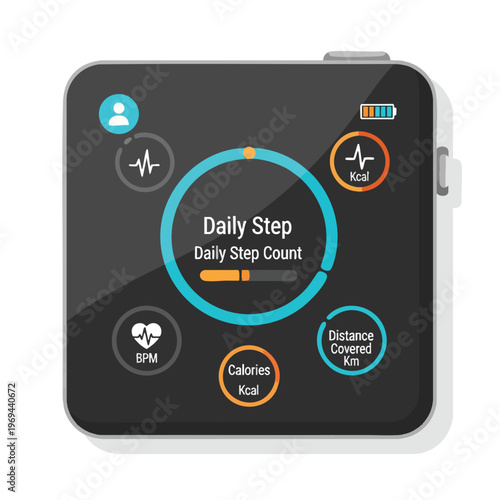 Smartwatch display shows steps, calories, distance, BPM, and battery level