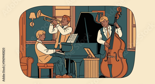 Three musicians playing jazz in a room with piano trumpet and double bass