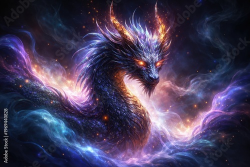 Mystical dragon illuminated by vibrant glow and swirling mist in fantasy art