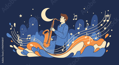 Man plays saxophone under starry night sky with musical notes and crescent moon in illustration