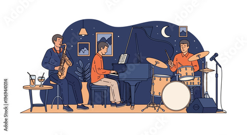 Jazz band performs on stage at nightclub with saxophone, piano, and drums.