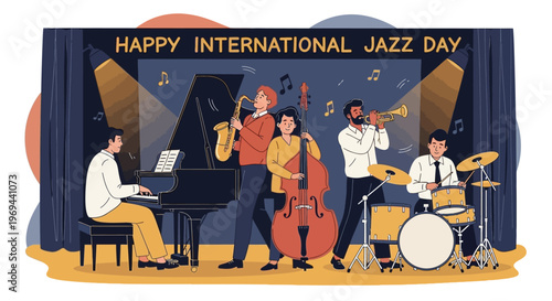 Jazz musicians perform on stage for International Jazz Day celebration with piano, saxophone, double bass, trumpet, and drums.