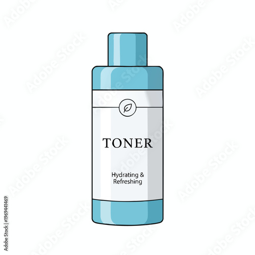 Blue bottle of toner, hydrating & refreshing, with a leaf emblem