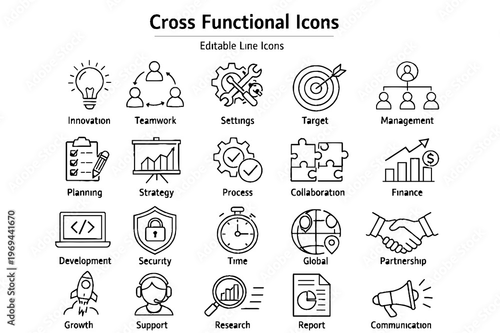 Fototapeta premium Cross Functional Line Icons Set, Innovation, Planning, Strategy, Process, Collaboration and Business Workflow Outline Vector Icons