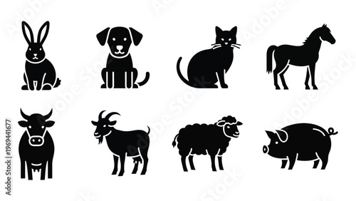 A collection of farm and wild animals are displayed as simple black shapes creating a striking silhouette high quality professional detailed