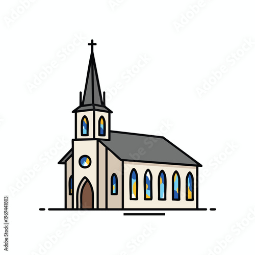 Simple beige church building with pointed steeple, arched doorway and colorful stained glass windows