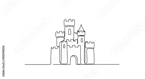 Minimalist single line drawing of a medieval castle with towers and gate