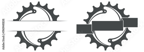 Chainring gear badges with ribbon elements. Minimal vector templates for cycling branding and mechanical themes.